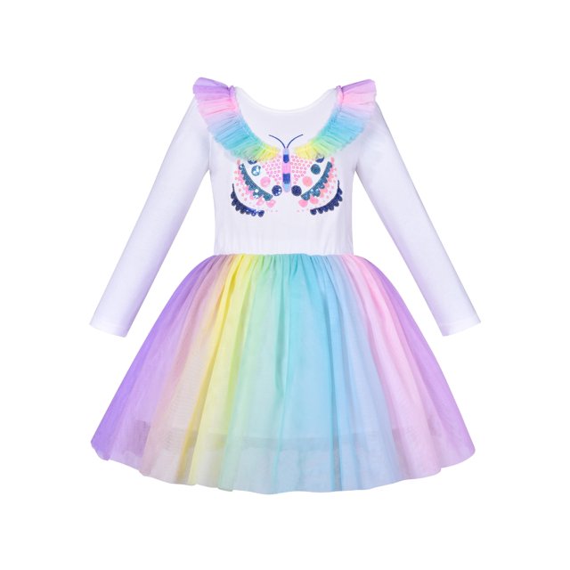 Robe Fille Arc-en-Ciel Papillon Brodé Manches Longues Robe de Soirée 7 Ans