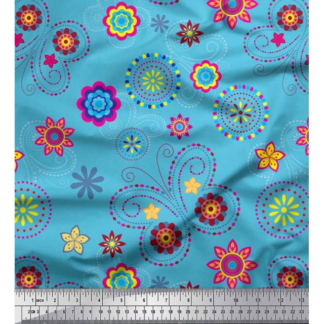 Soimoi Blue Viscose Chiffon Fabric Insect & Floral Clip Art Decor Fabric Printed BTY 42 Inch Wide