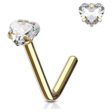 Nose Ring Stud L Bend Shape Surgical Steel Screw Heart CZ Gem 1pc 20G 18G 6MM