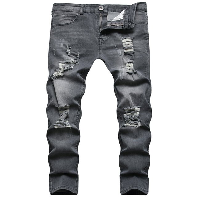 Men‘s Ripped Skinny Jeans Casual Male Slim Solid Color Long Trousers