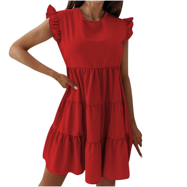 Bigersell Robes d'Église pour Femmes Été Décontractées Col Rond Manches Courtes Robe Unie à Coutures Robe Élégante pour Invitée de Mariage Longue Robes Patineuse pour Femmes, Style 8094, Rouge P