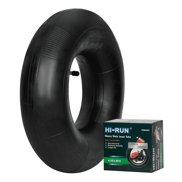 HI-RUN TUN4003 Lawn and Garden Tire Inner Tube 4.10/3.50-6 with a 90-degree bent metal valve stem, made of black butyl rubber for zero air loss and maximum flexibility, shown next to its branded packaging suitable for lawn and garden tires.