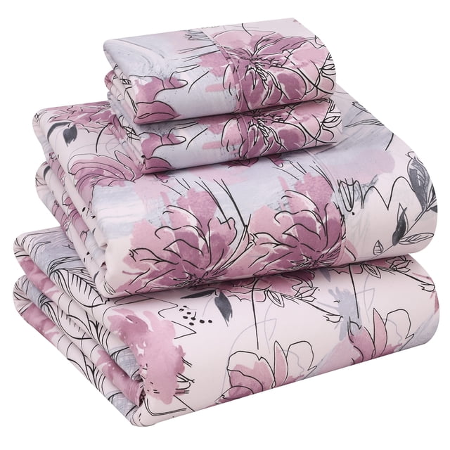 Ruvanti 100% Cotton Bed Sheets, 4 Pcs Bed Sets, Lilac Floral Print Full Size Sheets Set, Soft, Breathable, Deep Pocket Sheets, Cooling Bedding Sheets Set Include 1 Flat, 1 Fitted Sheet, 2 Pillowcases.