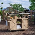 thumbnail image 3 of Sturdy Wood Outdoor Grill Cart with Storage Cabinet - Stainless Steel Top - Spice & Towel Rack - Lockable Wheels - Rolling BBQ Prep Table for Patio, Backyard, and Outdoor Cooking Station, Wood Color, 3 of 7