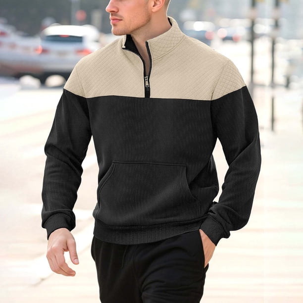 Tauxra Men Pullover Hoodies Solid Color Spliced High Neck Pullover
