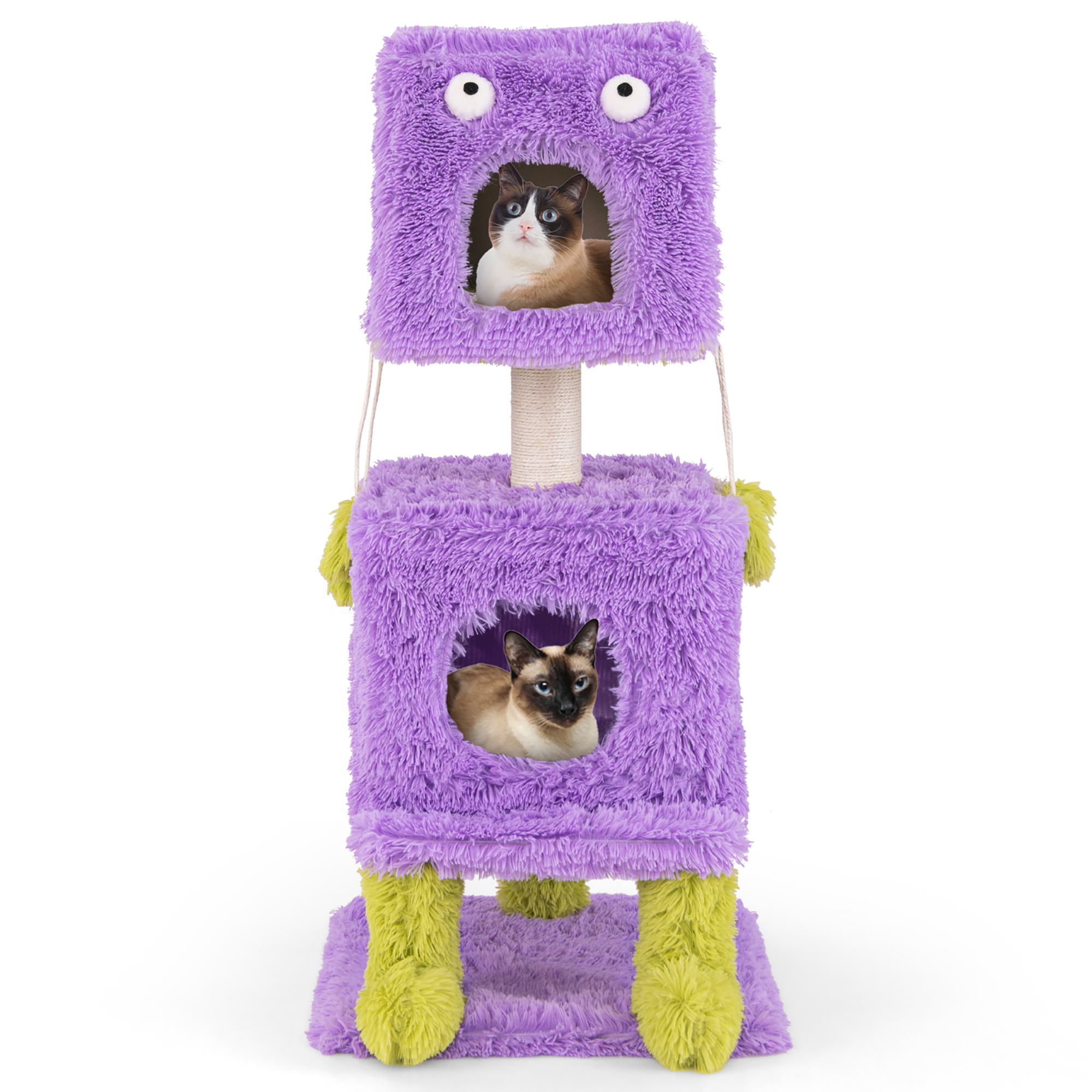Gymax Cat Tree Cute Monster-Themed Cat Tower w/ 2 Private Condos & Soft Long Plush