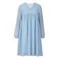 thumbnail image 4 of Robes d'Automne pour Femmes, Col en V Doux, Pois Suisses, Manches Longues, Robe Babydoll, Unie, Décontractée, Coupe Ample, Mini-Robe Évasée, 4 of 5