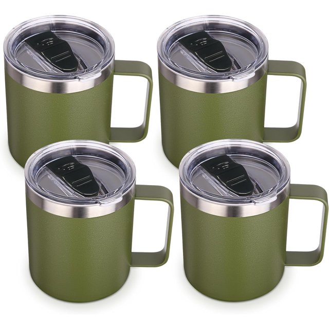 Volhoply Tasse à Café en Acier Inoxydable Isolée 14oz avec Couvercle en Vrac, Lot de 4, Tasse à Café de Voyage à Double Paroi sous Vide avec Poignée, Gobelets Réutilisables, Tasses de Camping Gardent au Chaud, Cadeaux de Noël (Vert Armée, 4)