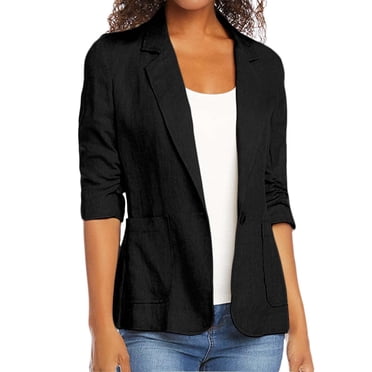 EGNMCR Womens Blazer Jackets, Long Sleeve Lapel Open Front Pockets, Casual Work Office Blazers Fashion Women Turn Down Collar 3/4 Sleeve Casual Coat Cardigan Blouse Women's cotton and linen jacket
