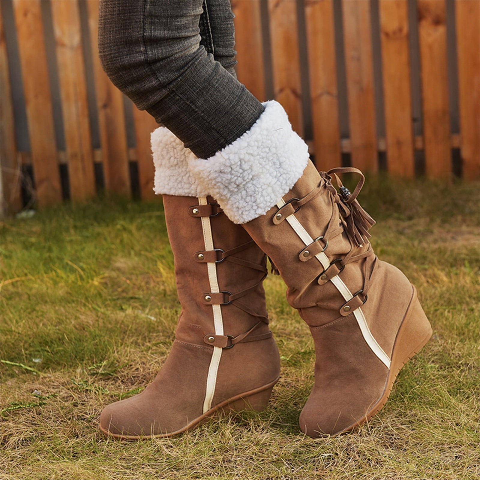 Chaussures pour Femmes Ponçage avec Pompons Manches Hautes Compensées Neige Chaussures pour Femmes en Liquidation