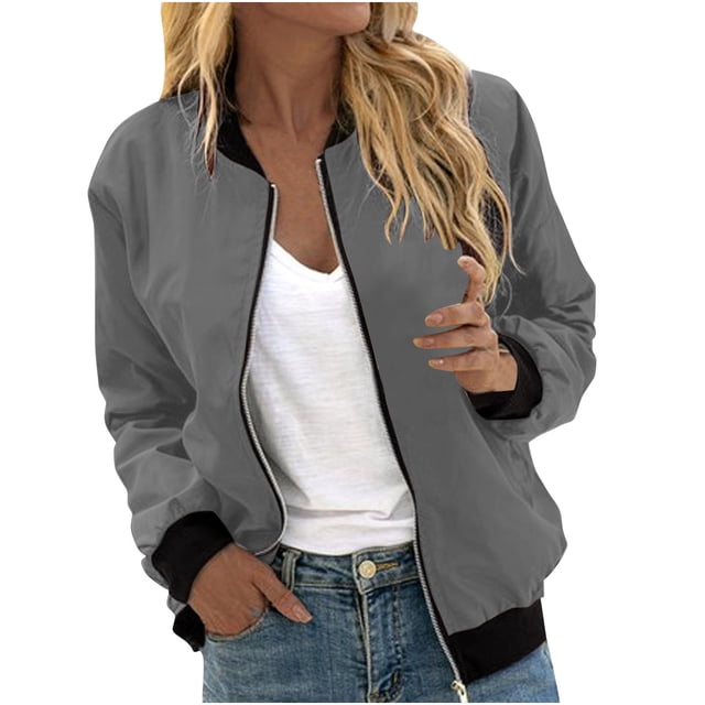 Veste Mode pour Femmes Décontractée à Col Montant, à Fermeture Éclair, Manteau Léger d'Automne, Vestes à Blocs de Couleur avec Poches, Gris, P
