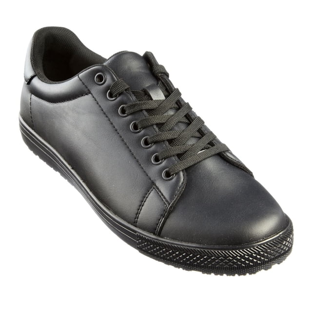 Tredsafe Men's Slip Resistant Shoes with black leather-like upper, lace-up closure, memory foam insole, cushioned collar, and slip resistant rubber outsole tested for wet and dry conditions, shown in a 3/4 angled view on white background, suitable for men's work safety footwear.