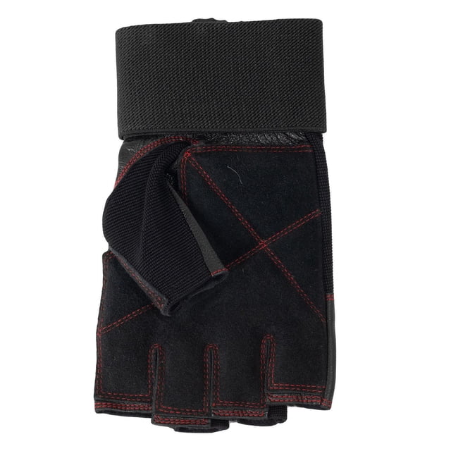 GoZone PRO Weight Gloves – Wrist Wrap Style – S/M – Black/Red featuring a half-finger design with black fabric and red reinforced stitching, foam padding, and a wide Velcro wrist wrap for support, protecting hands and enhancing grip during weightlifting and strength training, also suitable for use with pull-up and push-up bars.