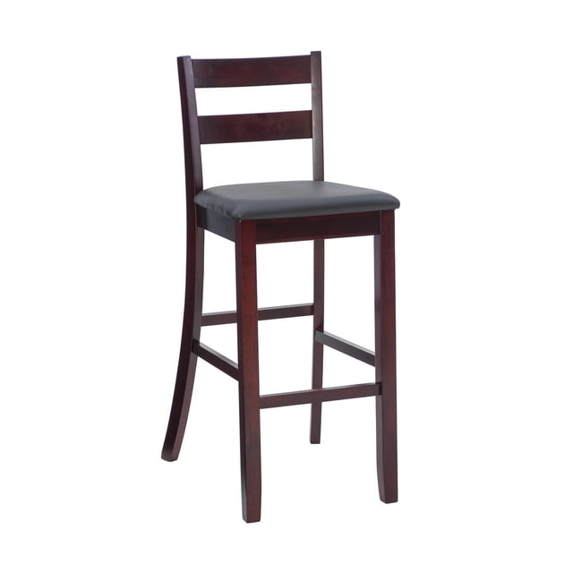 Bronson Soho Bar Stool with dark merlot solid rubberwood frame, ladder back design, black wipe-clean faux leather padded seat, and footrests, suitable for bar heights 41 to 43 inches and supporting up to 225 pounds.