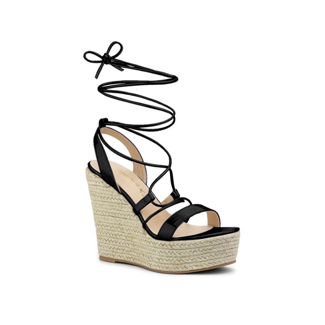 BLISSFUL STEP Sandales Espadrilles à Plateforme à Talon Compensé à Lacets pour Femmes Noir 10