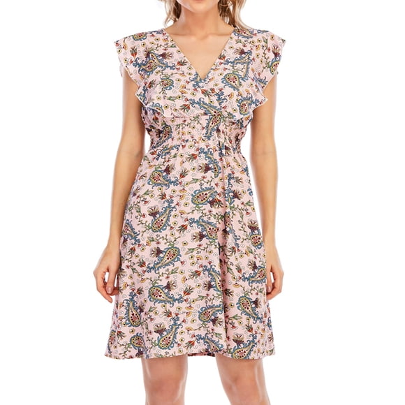 Pisexur Women's Summer Casual Boho Dress Floral Print V Neck Ruffle Sleeve High Waist Flowy Chiffon Sundress Midi Beach Dresses