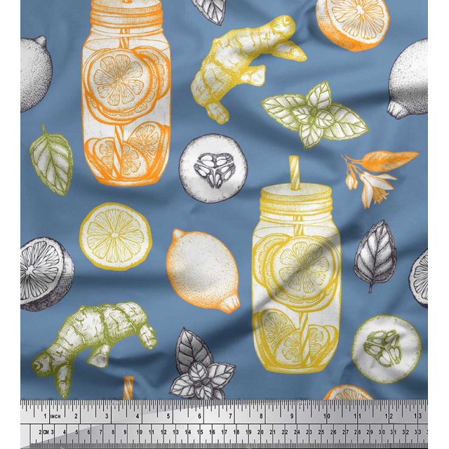 Soimoi Rayon Fabric Lemon Slice Jar,Cucumber & Ginger Vegetable Decor Fabric Printed Yard 42 Inch Wide
