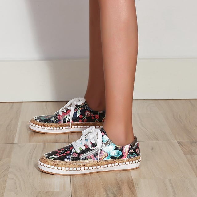 LSLJS Chaussures d'Été pour Femmes à Lacets avec Fermeture Éclair, Design Coloré Imprimé, Espadrilles Décontractées à Plateforme, Chaussures Plates
