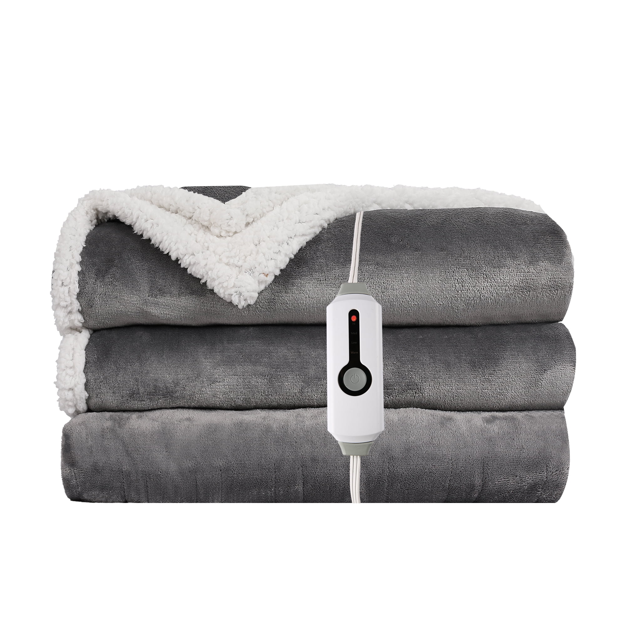 SUNNY HEAT Heated Electric Blanket Throw Size50"x60" Soft Flannel & Cotton, 4 Heating Levels & 3 Hours Auto Off, Light Grey