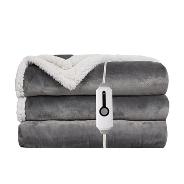 SUNNY HEAT Heated Electric Blanket Throw Size50"x60" Soft Flannel & Cotton, 4 Heating Levels & 3 Hours Auto Off, Light Grey