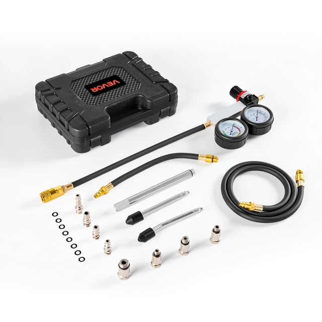 VEVOR Engine Cylinder Compression Tester Kit, Pressure Gauge Range of 0-100 PSI, Automotive Leak Down Tester Kit with 4 Adapters, 2 Metal Tubes, Pressure Check & Leakage Rate Test on Cars, Motorcycles