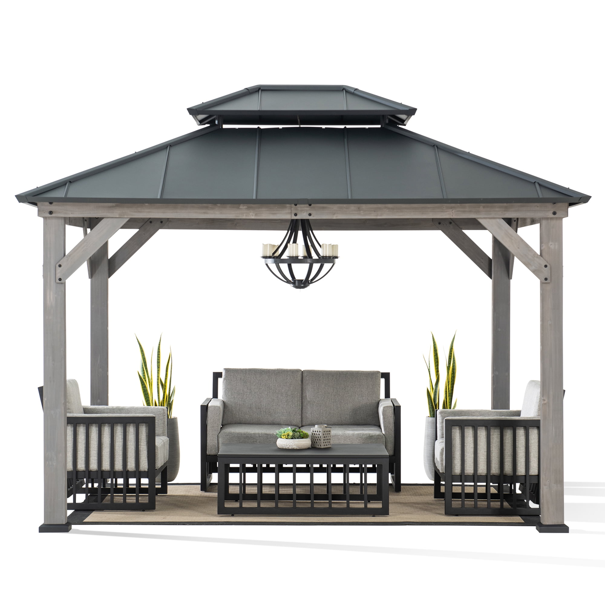 Sunjoy Gazebo Tonnelle 3 x 3.6 m d'extérieur à deux niveaux avec toit rigide Gazebo à structure en cèdre gris avec toit rigide en acier