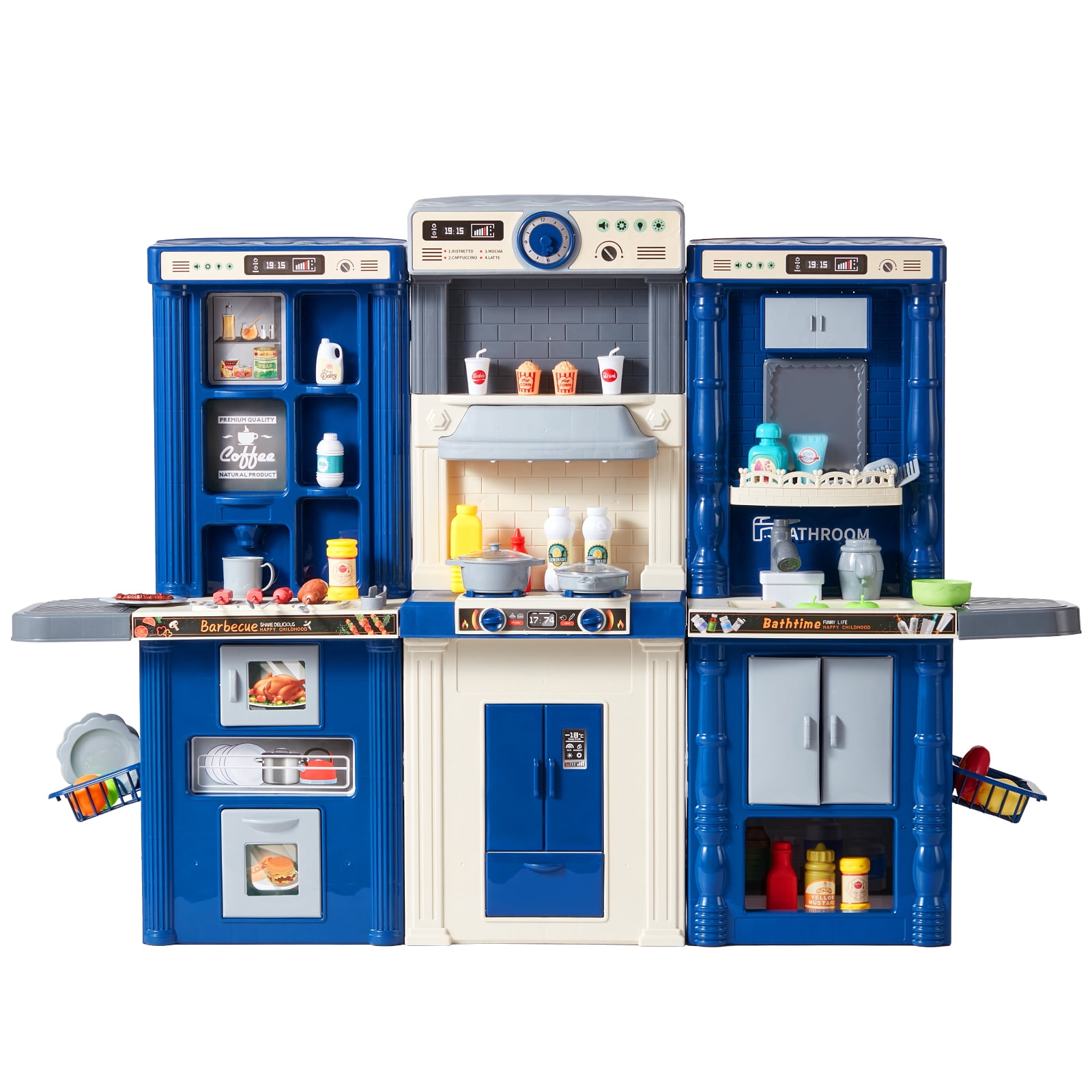 KFFKFF Child's Culinary Playset, Trio-Function Miniature Kitchen with Imitation Spray,Audible Effects&Illumination,Play Cookery Kit with 74 PCS Cooking Set for Youngsters,Pre-K Kids,Aged 3-8