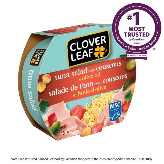 Clover Leaf Tuna Salad with Couscous & Olive Oil in a 160g recyclable metal bowl featuring wild caught tuna chunks, couscous, chickpeas, and vegetables on the packaging, MSC certified sustainable seafood, and labeled as the #1 most trusted canned seafood by Canadians in 2025.
