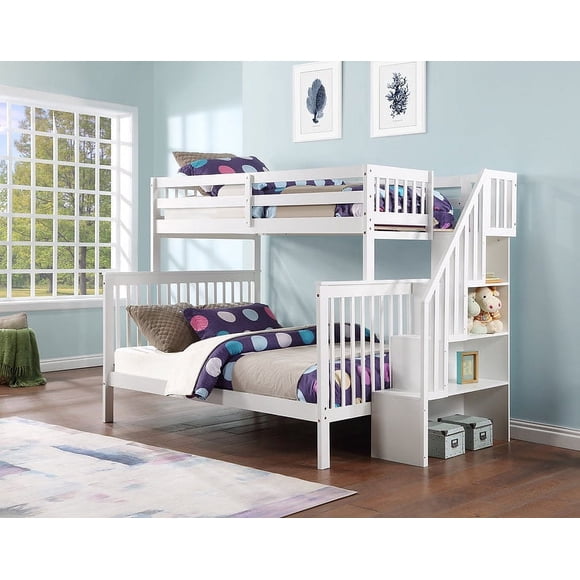 JLG Twin over Full Bunk Bed, Storage Shelves on Side of Staircase (White)