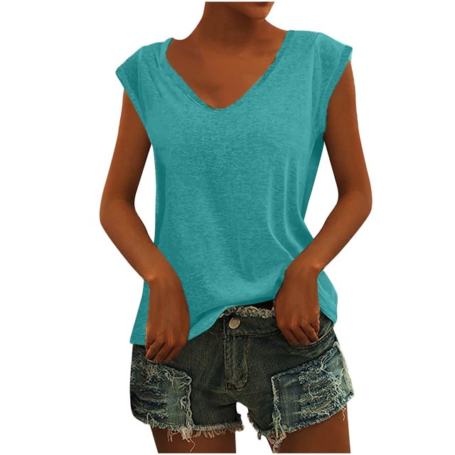 XZNGL T-Shirt Printing Machine Fashion Woman Causal V-Neck Printing Solid Blouse Sleeveless T-Shirt Summer Tops Sleeveless Tops for Women Summer Tops for Women Fashion Tops for Women