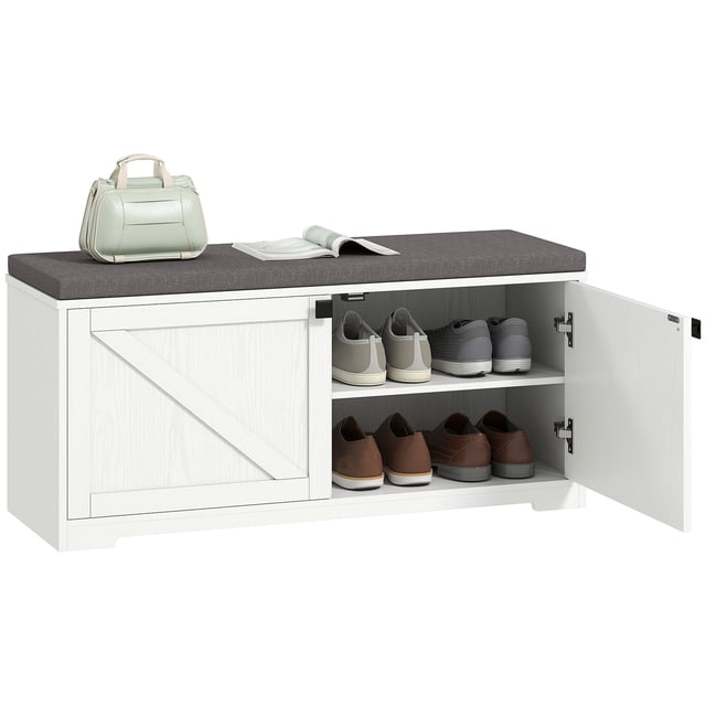 HOMCOM Shoe Bench with Storage, Padded Shoe Organizer, 8 Pairs, White. This white wood grain shoe bench features a cushioned top in breathable linen-feel fabric for comfortable seating. It includes four storage compartments with adjustable and removable shelves, accommodating up to 8 pairs of shoes, including larger sizes. The farmhouse-style design has a melamine-faced surface for easy cleaning and supports up to 353 lbs. (160 kg). Suitable for entryways, hallways, or as a window bench.