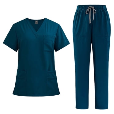 Amzcrzy Scrubs for Women Set Solid Color Short Sleeve V Neck Scrubs Tops Jogger Scrub Pants for Women Casual Cozy Oversized Work Scrubs Sets with Pockets