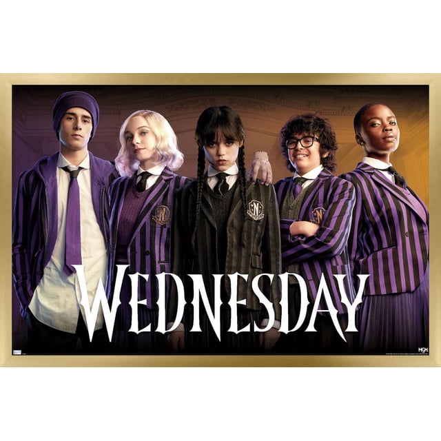 Wednesday - Affiche Murale de Groupe, 22,375 Po x 34 Po, Représentant Cinq Personnages Portant des blazers d'École à Rayures Violettes et Noires, des Chemises Blanches et des Cravates Noires Debout Côte à Côte sur un Fond Sombre et Ornementé, avec le Titre « Wednesday » en Grande Police Gothique Blanche au Bas, Idéal pour l'Art Mural et la Déco Intérieure.
