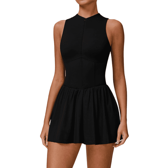 Womens Tennis Golf Dress with Built-in Bra Shorts Zipper Slim Fit A-Line Hem Skirt Athletic with Pockets