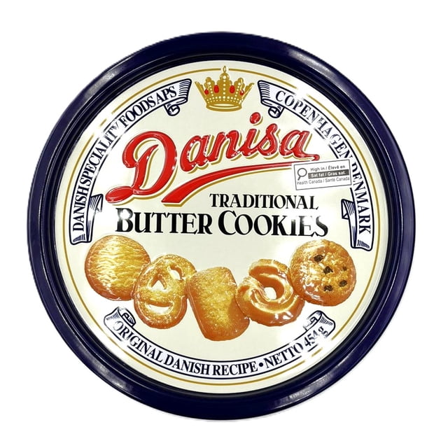 Danisa Traditional Butter Cookies in Tin Winter-themed blue metal gift tin filled with an assortment of round, pretzel and shell-shaped Danish butter cookies, noted in the product description as buttery and sweet. Plain white background; often used to store small items.