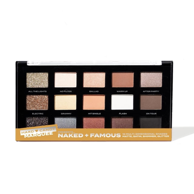 Hard Candy Marquee Shadow Palette Naked + Famous featuring 15 multi-dimensional shades with matte, satin, shimmer, and glitter finishes in a black rectangular case with clear lid, including shades like All The Lights, No Filter, Ballad, Warm Up, and After Party for versatile eye makeup looks.