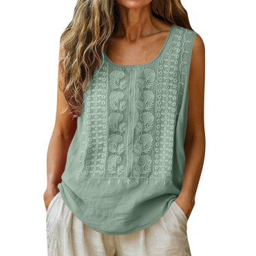 Warop Linen Top for Women,Solid Color Short-sleeved,Round Neck Embroidered Loose Beach Vacation Outfits