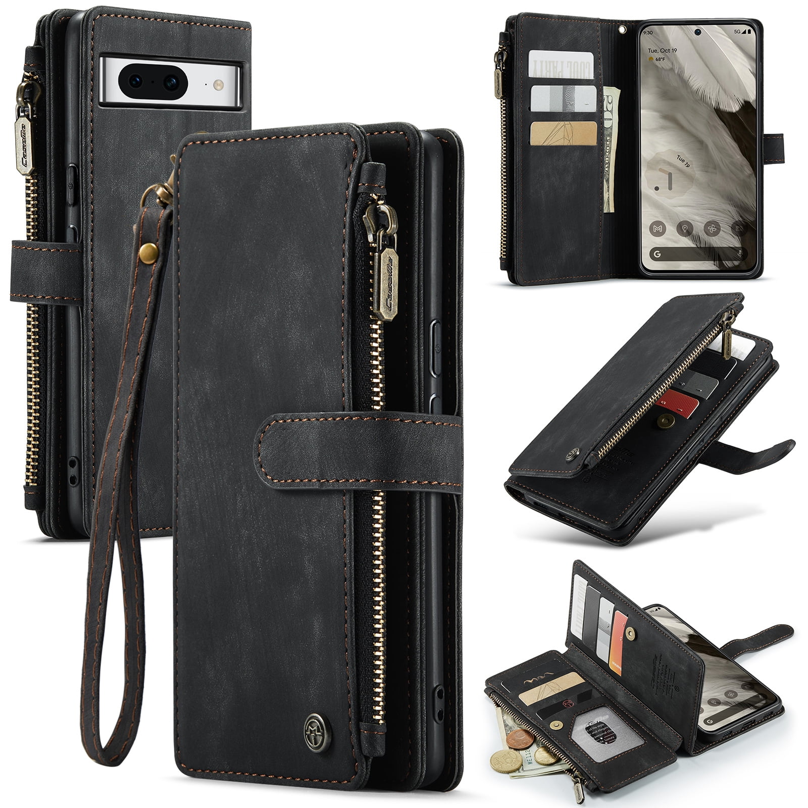 CaseMe Case for Google Pixel 8 Wallet Case for Women Men, Fashion Durable PU Leather Magnetic Flip Lanyard Strap Wristlet Zipper Card Holder Wallet Phone Case for Google Pixel 8 6.2",Black
