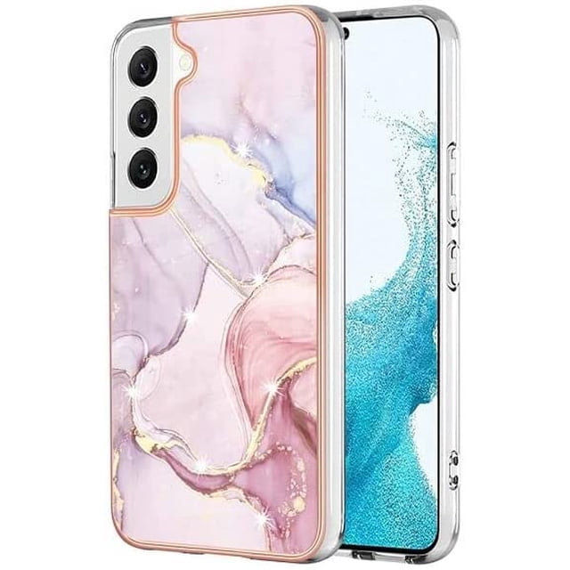 Samsung Galaxy S23 5G case with a slim dual-layer design featuring a marble pattern in pastel shades of pink, purple, and gold accents. The case is made from flexible TPU and IMD technology for vivid, fade-resistant prints. It offers military-grade shockproof protection, ensuring durability against knocks, bumps, and scratches. The lightweight and pocket-friendly design allows easy access to all buttons, controls, and ports without removing the case. Compatible exclusively with the Samsung Galaxy S23 5G.