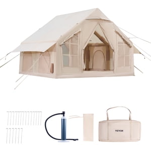 KFFKFF Inflatable Tents for Camping, 4-6 Person Glaming Easy Setup Blow up Tent with Hand Pump, 300D Oxford 4 Season Glamping Tent with Stove Jack 2 Doors & 4 Mesh Windows