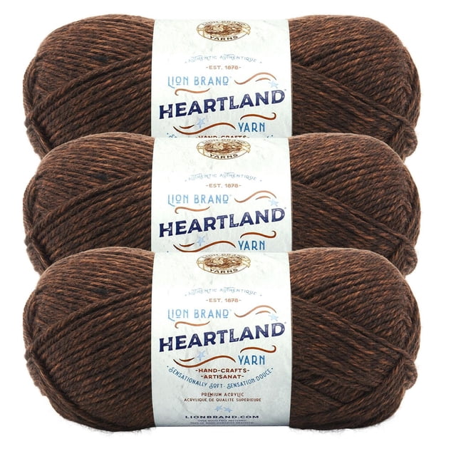 Lion Brand Yarn Heartland Yarn 3Pack featuring three skeins of worsted weight acrylic yarn in heathered brown, each with a white label showing the brand and product name, machine washable and ideal for knitting, crochet, and durable handmade crafts.