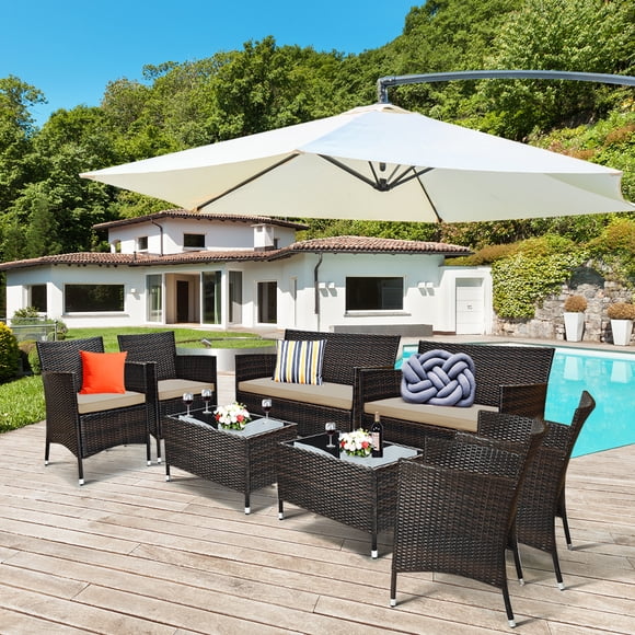 Costway Ensemble de Mobilier de Patio en Rotin 8 Pcs avec Coussins Canapé Fauteuil Table Basse Jardin