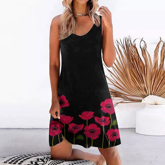 EGNMCR Robes d'Été Femmes Tendance 2024 Robe Sans Manches pour Femmes Robe Visuellement Mince Mode Imprimé Floral Été Nouveautés Robe à Imprimé