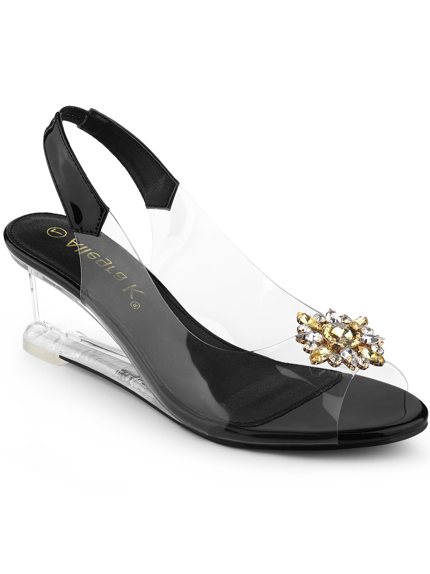 BLISSFUL STEP Chaussures pour Femmes Talons Compensés Transparents à Strass Bout Ouvert Slingback Chaussures Transparentes Noir 6