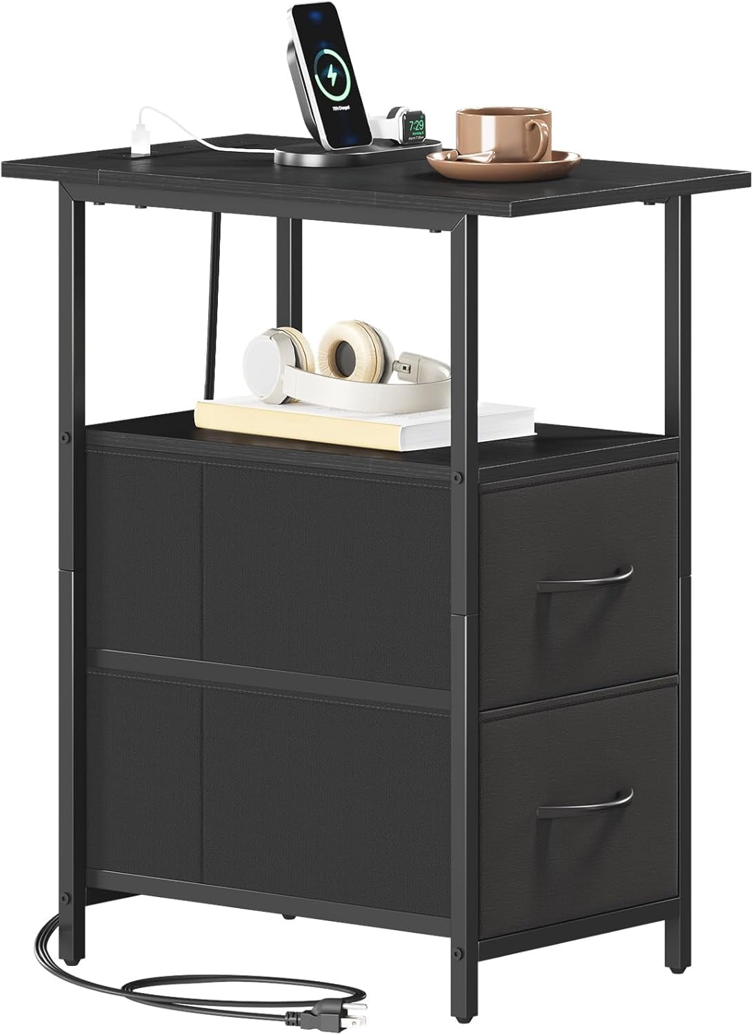Black Narrow Nightstand with Charging Station, 2 Fabric Drawers Slim Side Table, 24.4" Tall Storage End Table for Bedroom Living Room Small Spaces