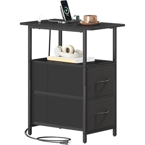 Black Narrow Nightstand with Charging Station, 2 Fabric Drawers Slim Side Table, 24.4" Tall Storage End Table for Bedroom Living Room Small Spaces