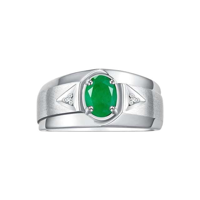 RYLOS Men's Rings Sterling Silver Classic 7X5MM Oval Gemstone & Diamond Ring Emerald May Birthstone Rings For Men, Men's Rings, Silver Rings, Size 10