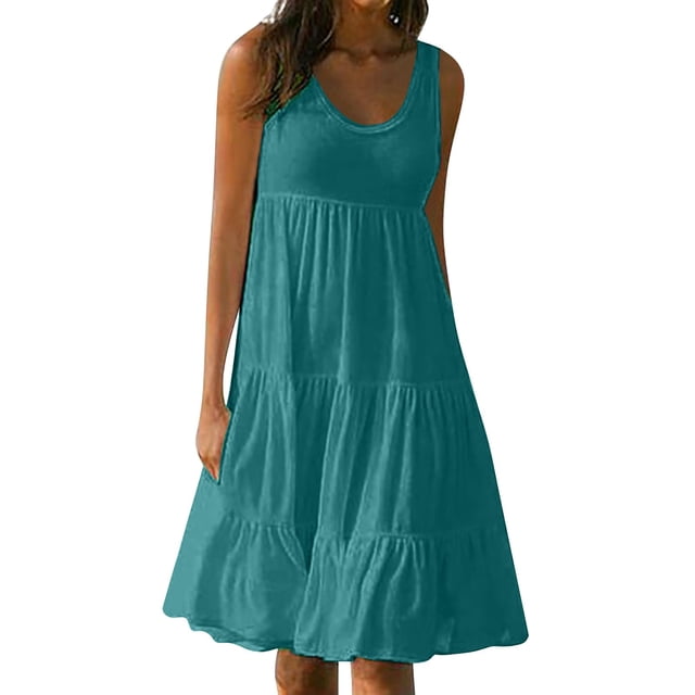 B91xZ Robe d'Été Sans Manches pour Femme, Col Ras du Cou, Décontractée, Ample, Plissée, à Étages, Évasée, Maxi, avec Poches, Vert G
