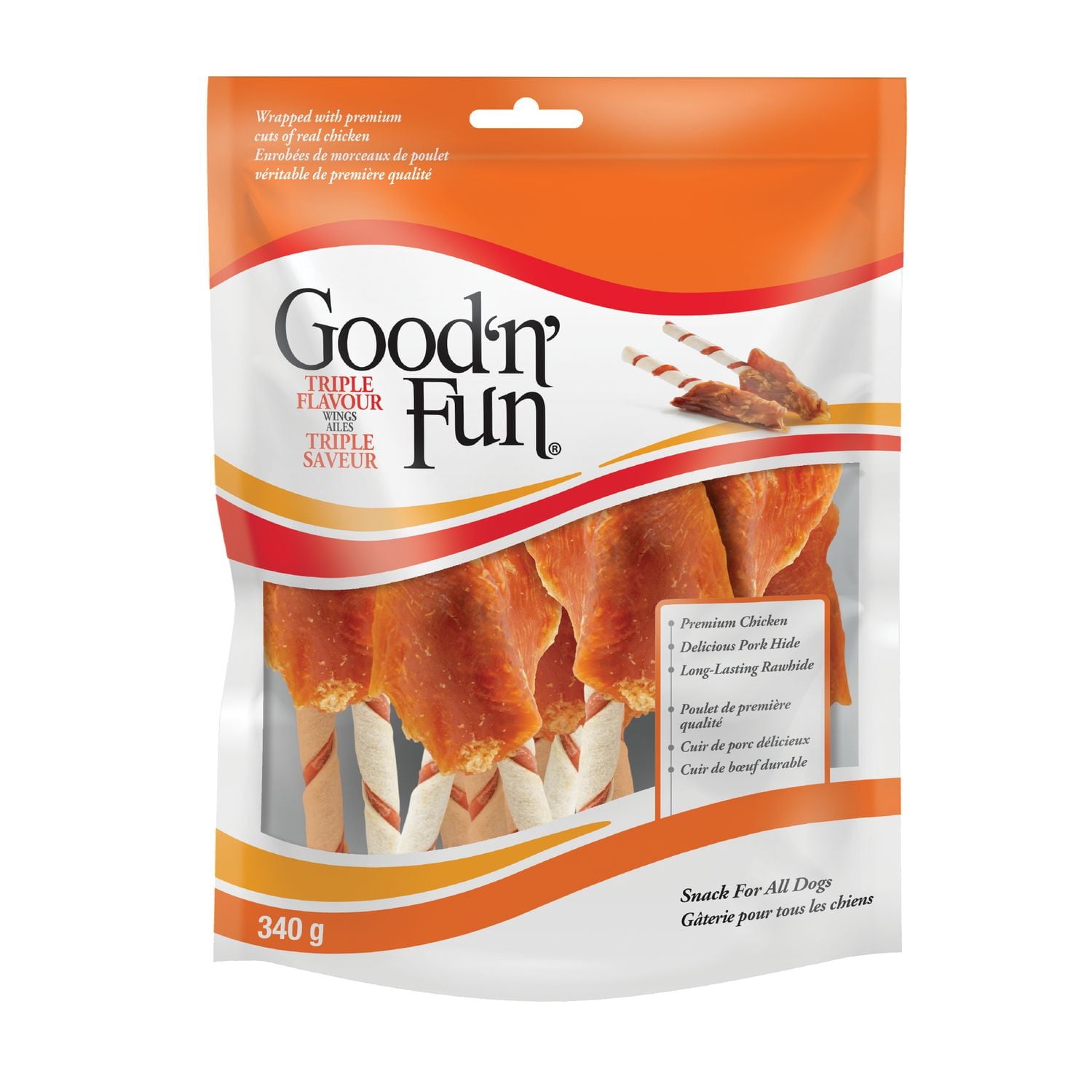 Good'N'Fun Triple Flavour Wings Chews for All Dogs, 12 Ounces, Treat Your Dog to Long-Lasting Chews Made with Chicken, Pork Hide and Beef Hide