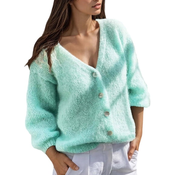 Fgnfyis Deep V Neck Solid Color Button Cardigan for Women Knitted Sweater Jacket Casual and Elegant Mint Green S